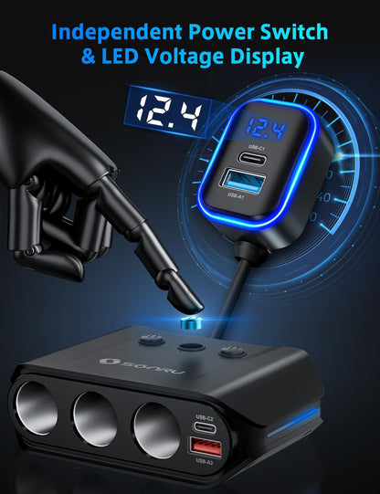 7 in 1 Cigarette Lighter Splitter, 180W [Dual PD & QC 3.0] Car Charger Adapter, 12V/24V Car USB Adapter Multi Socket with Voltmeter Fast Charging for iPhone 16/15/14 Samsung Galaxy Laptop Car Devices