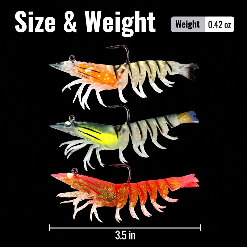 CASTSTRIKE 3Pcs Shrimp Fishing Lures for Saltwater and Freshwater Soft Bait Pre-Rigged Glow Eyes Lifelike Silicone Prawn Jig for Bass Trout Redfish Flounder Crappie Snook Walleye Fishing (3.5 in 3pcs)