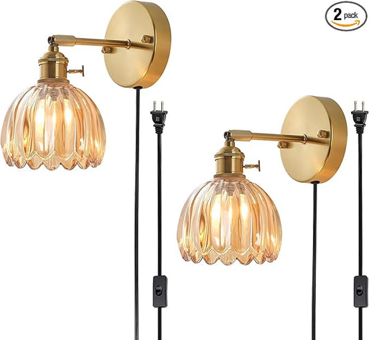 Plug in and Hardwired Wall Sconces, Luxury Vintage Tulip Crystal Glass Shade Wall Light with Switch for Bedside Bedroom Living Room (Tulip-Amber, 2)
