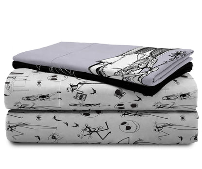 Jay Franco Kids Sheet Set with Fitted, Flat Sheets & Pillow Cover - Ultra-Soft Bedding with Pillowcase for Room Decor, White - Nightmare Before Christmas, 4 Piece Queen