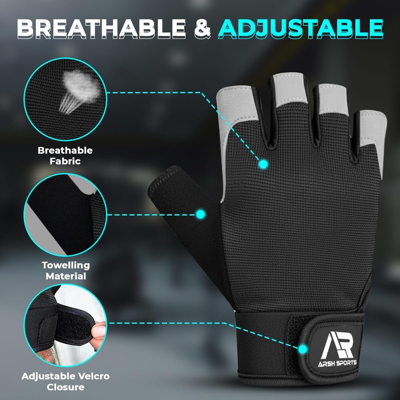 Arsh Sports Breathable Gym Gloves for Men & Women–Lightweight,Non-Slip Workout Gloves with Full Palm Protection, Wrist Support,Ventilated Mesh for Weightlifting,Fitness Training & Cycling (Black, M)