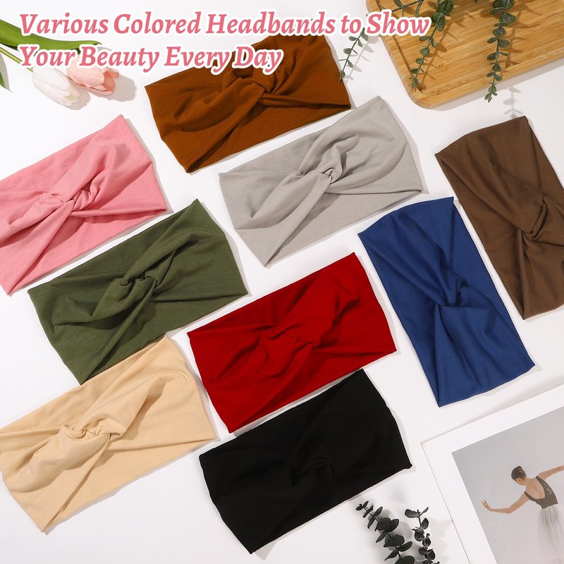 ZhouBoat 9 Pcs Stretchy Headbands for Women Non Slip Wide Elastic Head Bands Soft Twist Knotted Headbands Sports Sweat Bands for Daily Life Spa Yoga Workout Running Gym