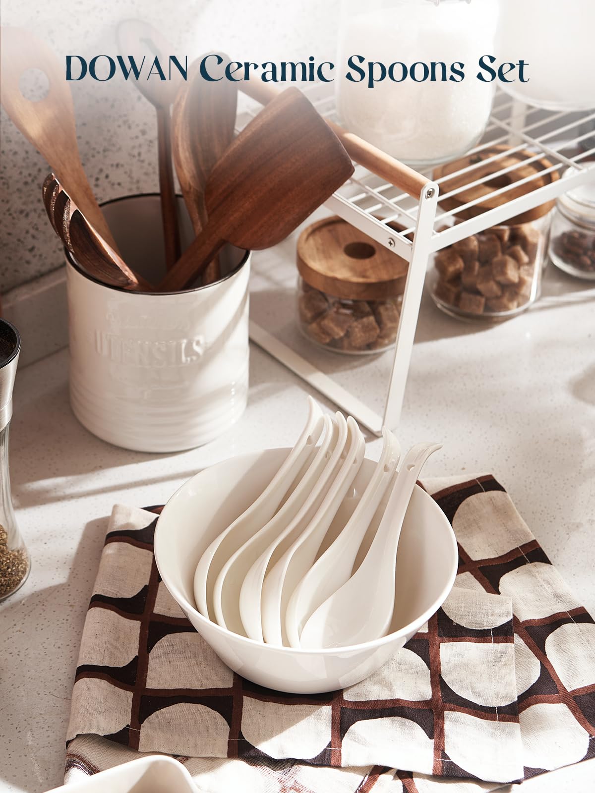 DOWAN Soup Spoons, Ceramic Asian Soup Spoons, White Japanese Spoon Large for Ramen Pho Wonton Dumpling Miso, Deep Oval Hook Design, Set of 4 (4, White)