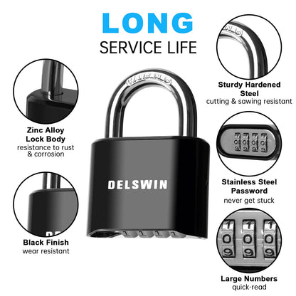 DELSWIN 4-Digit Combination Lock Outdoor Padlock - Heavy Duty Locker Lock with Hardened Steel Shackle, Waterproof Combo Lock for Gym Locker, Hasp Storage, Shed, Fence, Gate (Black,1Pcs)