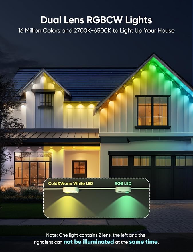 APPECK Permanent Outdoor Lights Pro 200ft, 144W RGBCW Eaves Lights with 144 LED Lights, 80lm, Cuttable, 111 Scene Modes, IP67 Waterproof Lighting for Halloween Decoration, Work with Alexa, Black