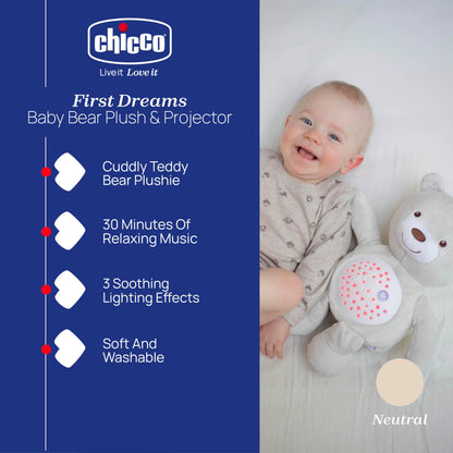 Chicco First Dreams Teddy Bear with Night Light, Neutral | Projects Stars, Lighting Effects, Relaxing Music, Calming for Baby