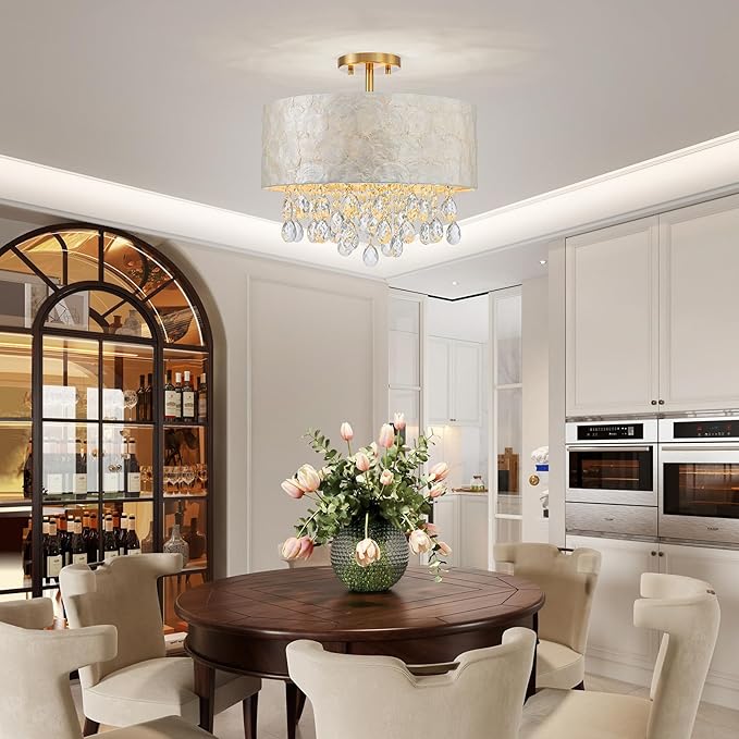 4-Lights Drum Capiz Shell Crystal Chandeliers, Coastal Design Semi-Flushmount Ceiling Light Fixture for Dining Room, Bedroom, D16xH16 inch, Shell Lampshade & Gold Finish