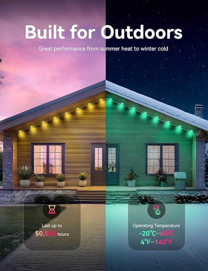 50FT Permanent Outdoor Lights, Smart RGB LED Lights Outside with DIY Colors Scene Modes, 25LED IP67 Waterproof Eaves Lights for Christmas Halloween Holiday Party Garden Daily Decorations