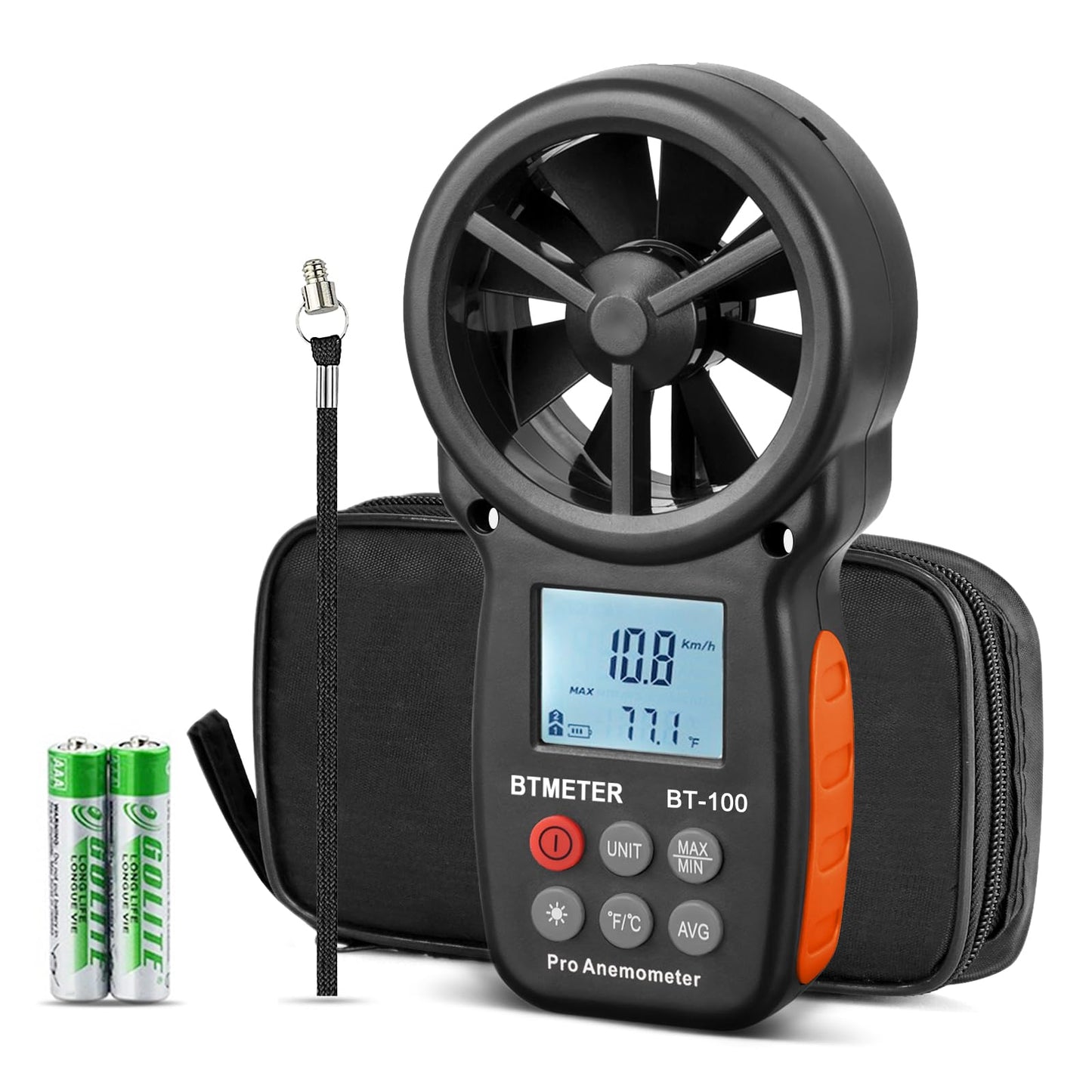 Digital Anemometer Handheld - BTMETER BT-100 Wind Speed Meter Gauge, Accurately Measure Wind Velocity Temperature Speed for CFM with MAX/MIN/AVG, Backlight LCD, HVAC