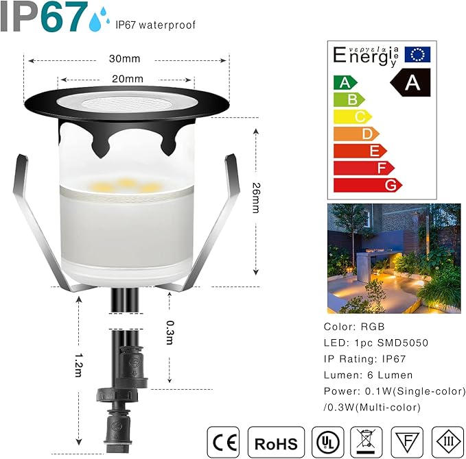 WiFi Controlled LED Deck Lights Multi Color RGB Outdoor IP67 Waterproof Φ1.18 Low Voltage Step In-Ground Lights,Smart Phone APP Controlled,Compatible with Alexa Echo and Google Home(20Pcs)