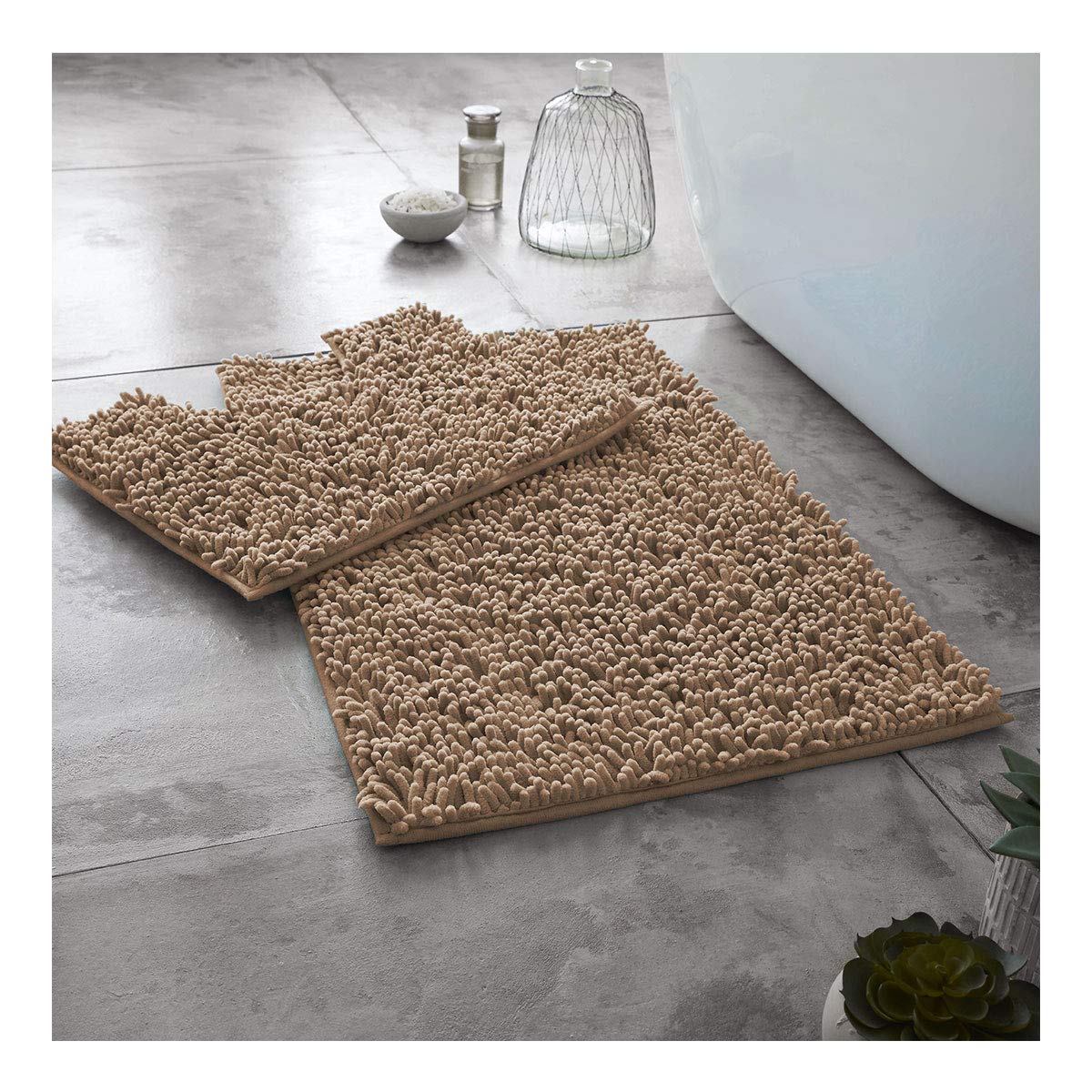 Lions Luxury 2 Piece Loop Bath Mats for Bathroom - Non Slip Chenille Bath Mat Set Rugs, Extra Soft with Water Absorbent Pedestal Bathmat Shower Toilet Mat, Natural