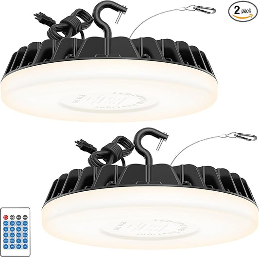 Smart Shop Lights 150W - Micware Sensor 18000LM UFO LED High Bay Light with Multi-Function Remote, 10%-100% Dimmable IP65 Waterproof 5000k Garage Lighting 2 Packs (Old Remote)