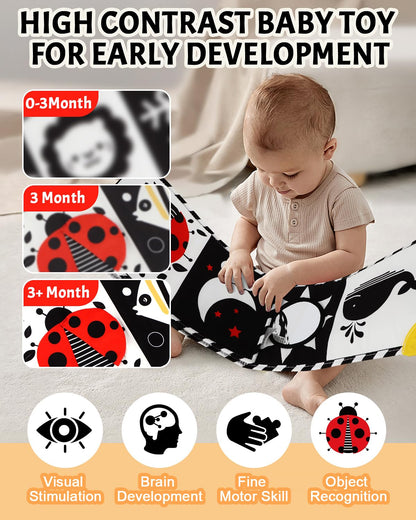 High Contrast Baby Book with Teether, Black and White Baby Book, 0-6-12 Months Soft Book for Newborn, Sensory Books, Montessori Learning Activities for Babies, Easter Basket Stuffer