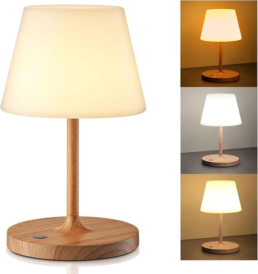 Battery Operated Table Lamp & Power Bank - 5000mAh Rechargeable Battery Powered, Touch Dimmable, 3 Color Temperatures, IP44 Waterproof Lamp Light for Home, Patio Outdoor Use - 9.6 In Modern Wood Grain