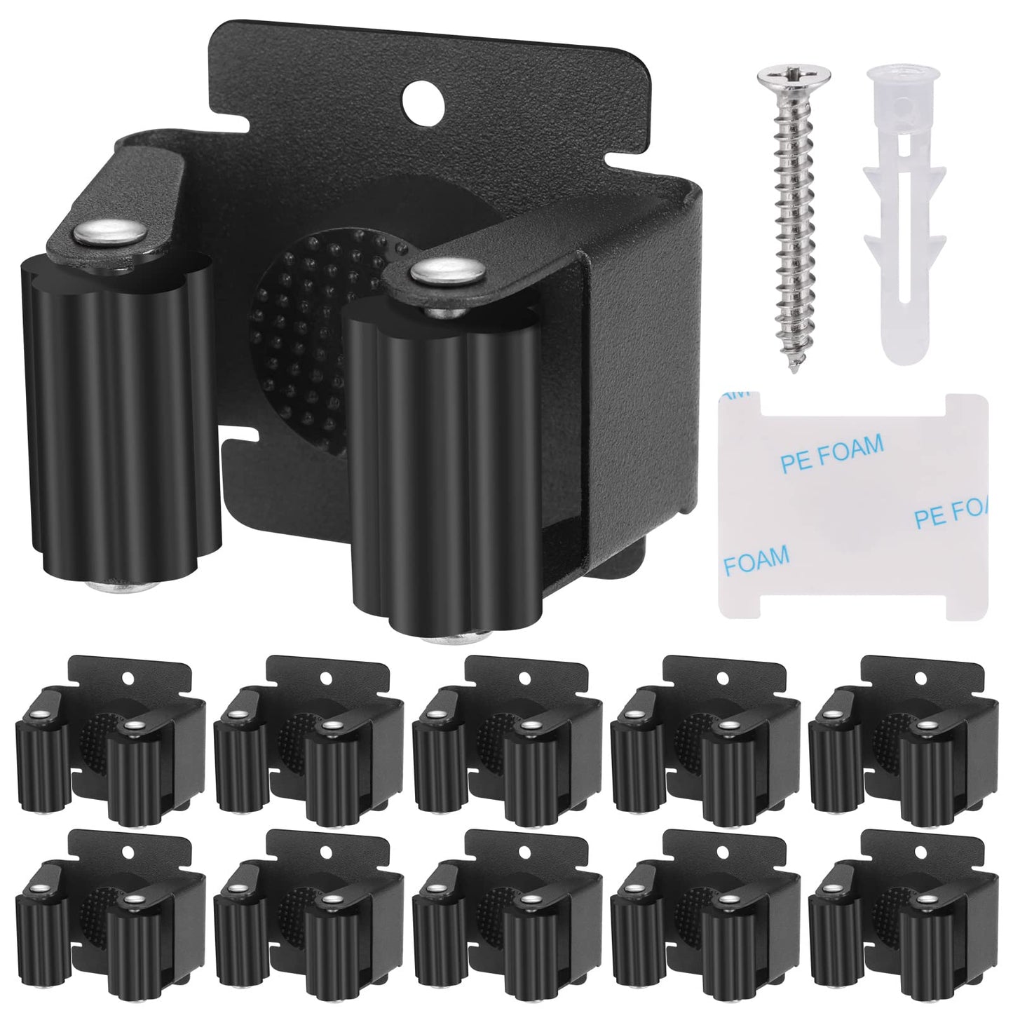Hejo 10 Pack Mop Broom Holder, Heavy Duty Brush Holder Wall Mounted, Stainless Steel Mop and Brooms Holders Storage Rack Brush Organiser Tidy Clamp for Garden Garage Bathroom(Black)