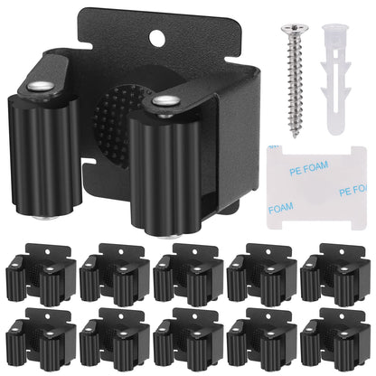 Hejo 10 Pack Mop Broom Holder, Heavy Duty Brush Holder Wall Mounted, Stainless Steel Mop and Brooms Holders Storage Rack Brush Organiser Tidy Clamp for Garden Garage Bathroom(Black)