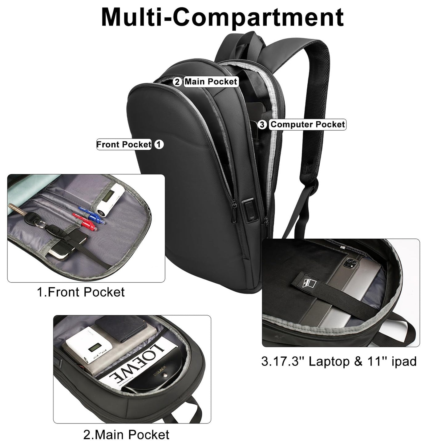 HEROIC KNIGHT Laptop Backpack, Expandable Business Travel Backpack with USB Charging Port, Water-Resistant Anti Theft Laptop Rucksack, Lightweight Computer Work Bag For Men Women, Fits 17.3 Inch-Black