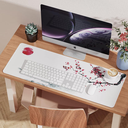 EFISH Japanese Cherry Blossom White Mouse Pad (31.5 × 11.8 × 0.12 inch) Extended Large Mouse Mat Desk Pad, Stitched Edges Mousepad,Non-Slip Rubber Base,Gaming Mouse Pad XL