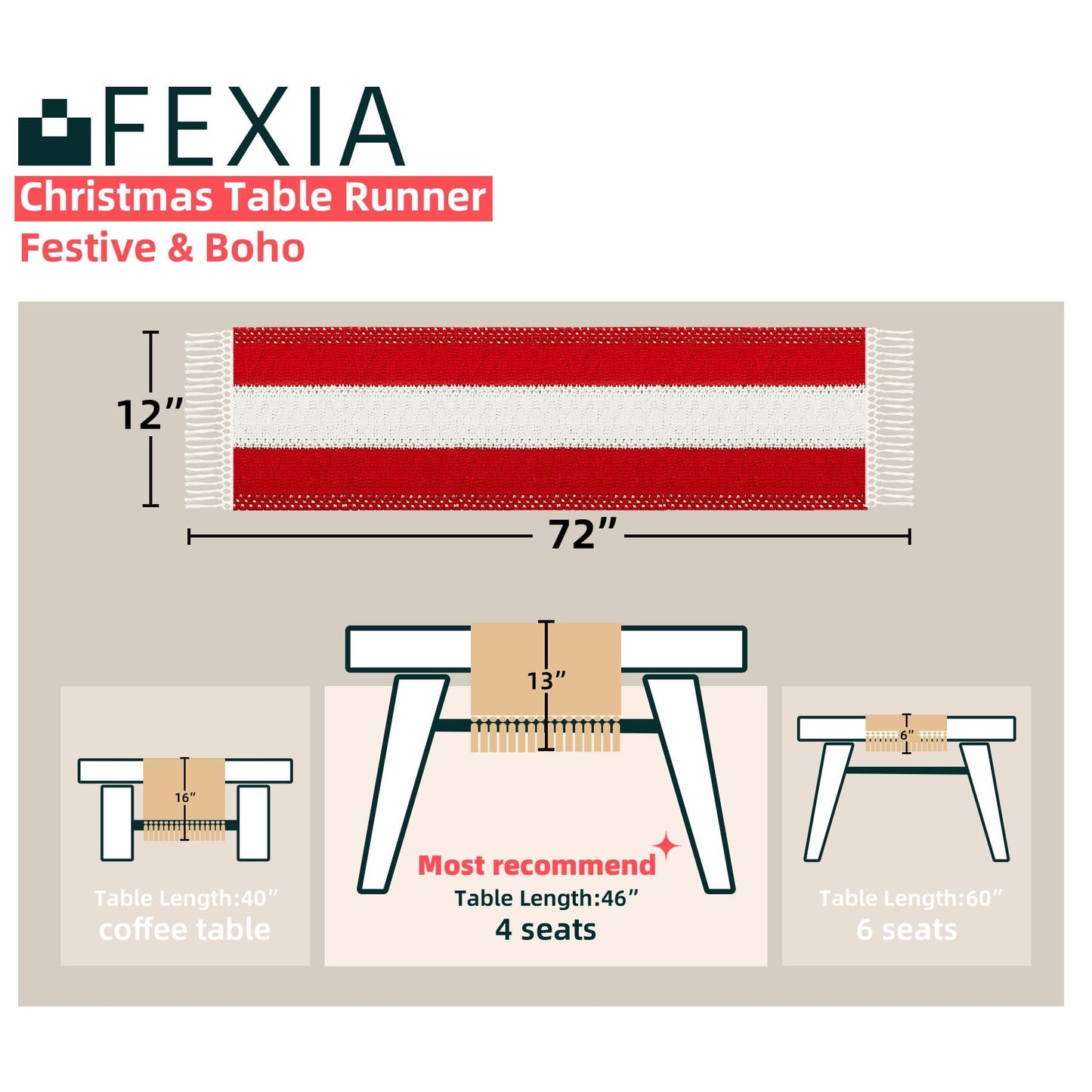 FEXIA Boho Red Table Runner for Holiday Decoration 72 Inches Long Red & Cream Christmas Table Decor for Home Party (13x72 Inches)