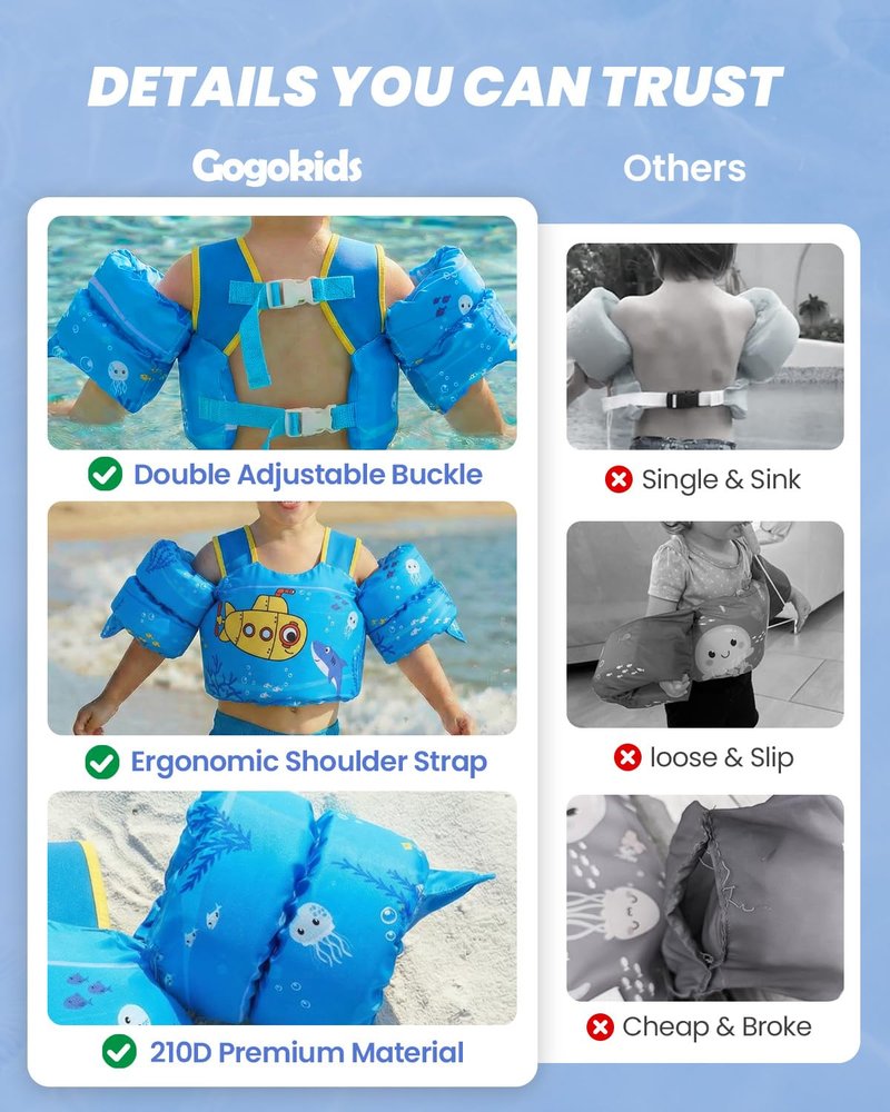 Gogokids 2-in-1 Toddler Swim Vest Pool Floaties for Kids[CPC Certified & Remove Crotch Strap]Puddle Float Jumper 24-66 Pounds, Toddler Arm Floaties Swim Jacket Water Wings for kids Boys Girls Swimmies