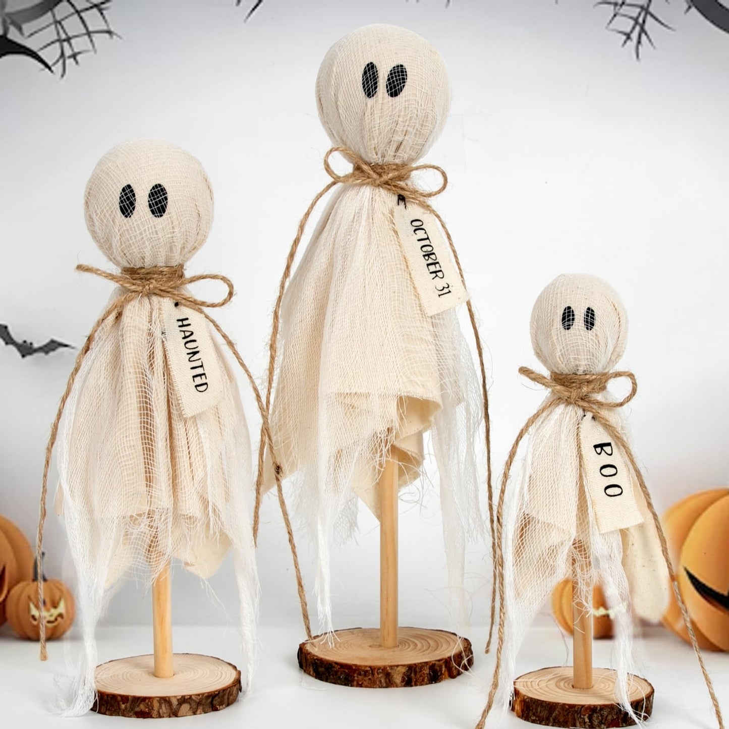 DAZONGE Halloween Decorations Indoor - Set of 3 Primitive Halloween Ghosts on Wooden Stand for Table Centerpieces, Shelves, and Mantels