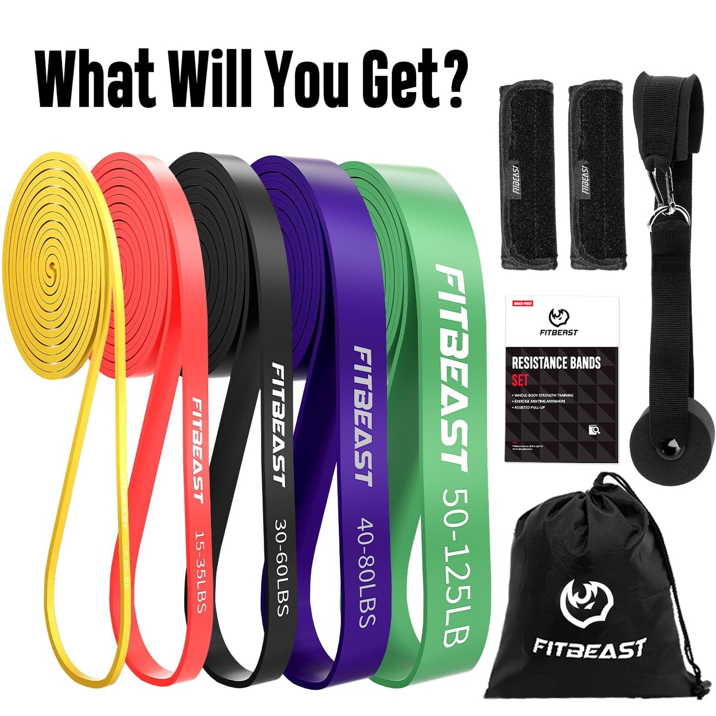 FitBeast Pull Up Bands Set, 5 Different Levels Resistance Band Pull Up for Calisthenics, Bodyweight Training, Muscle Toning, Yoga, Stretch Mobility, Pull Up Assistance Bands (Multicolor 5-125 LBS)