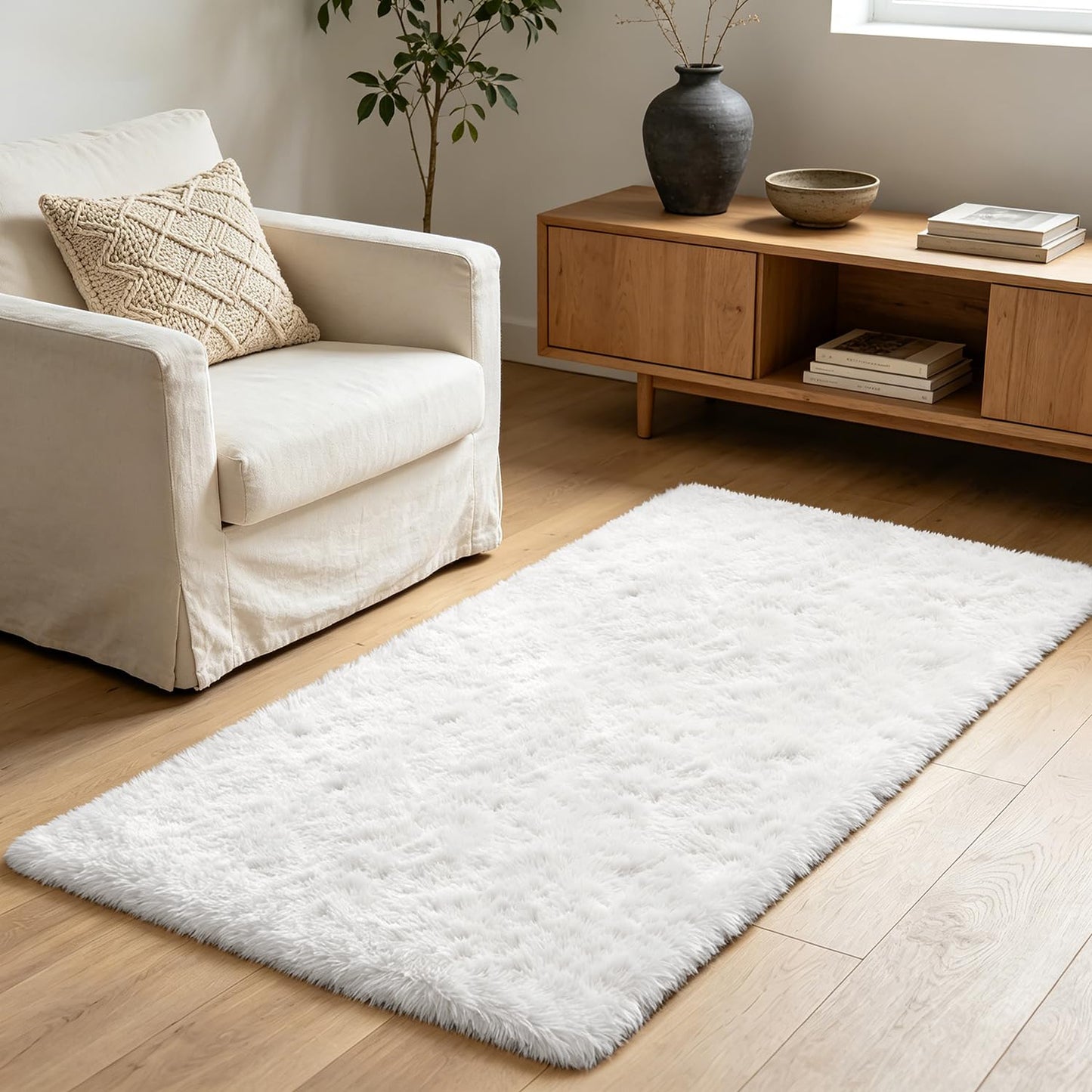 Shag Runner Rug for Bedroom Living Room 3x7 Upgrade Non-Slip Fluffy Soft Bedside Rugs,White Shaggy Carpet for Kids Girls Boys Dorm Nursery Home Decor Aesthetic