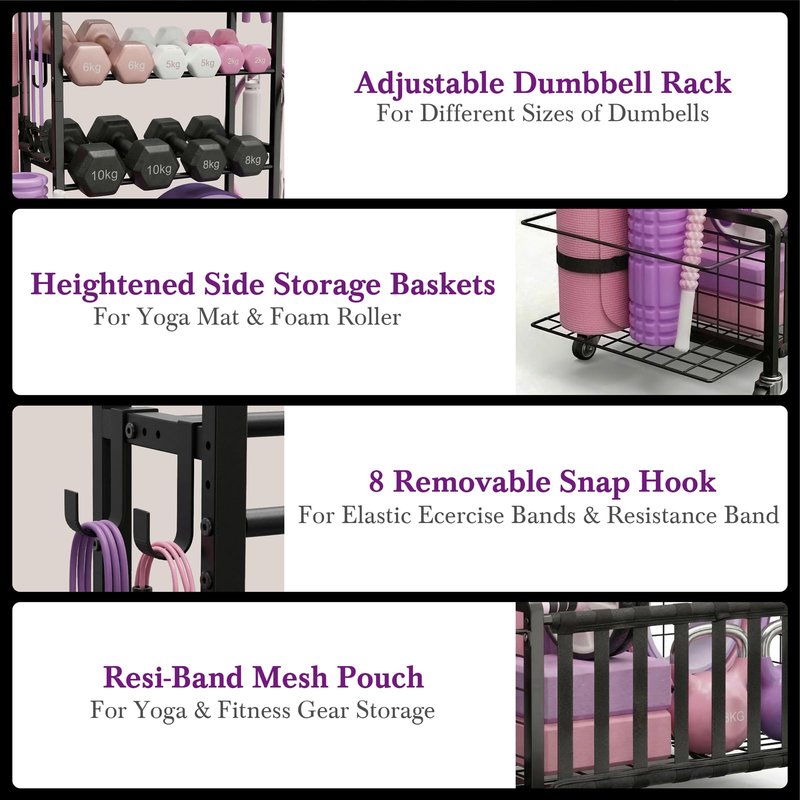 Dumbbell Rack, Home Gym Storage Rack, Adjustable Weight Rack Organizer with Wheels & Hooks, Heavy Duty Gym Equipment Storage, Workout Storage Organizer for Garage Gym