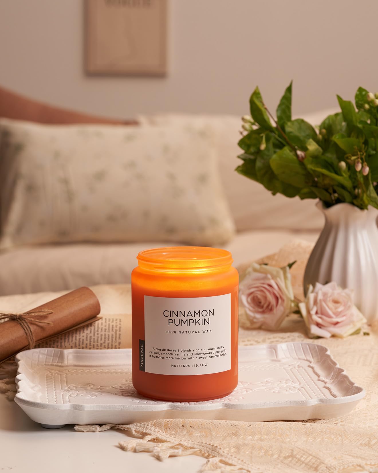 M&SENSE Cinnamon Pumpkin Fall Scented Candles, 19.4oz Soy Natural Candles 110 Hours Long Lasting Slow Burning Halloween Autumn Candle Gifts for Home Decor