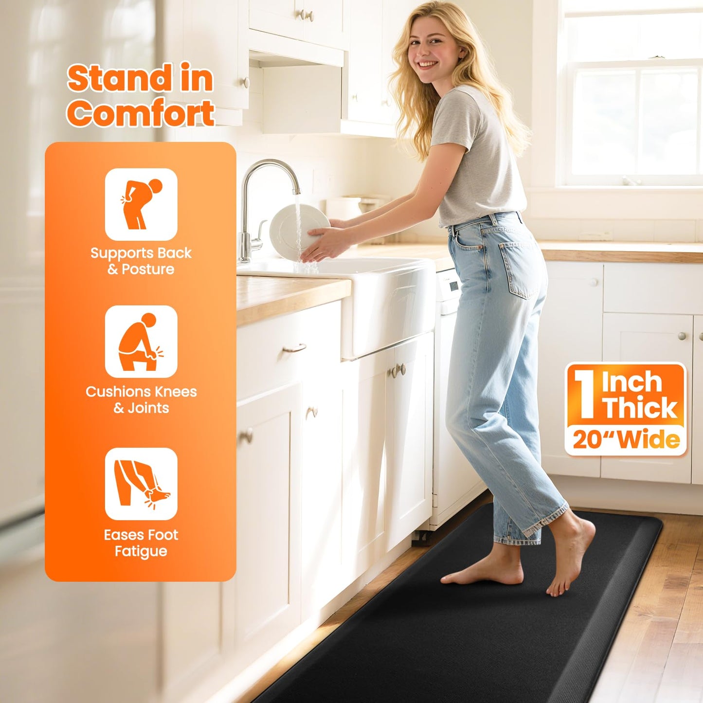 TranquilMoments Kitchen Mats for Floor, 1 Inch Extra-Thick Kitchen Rugs, Non-Slip & Waterproof Standing Desk Mat, Comfort Anti Fatigue Mats for Kitchen Floor, Home, Sink, Office (20" X 72", Black)