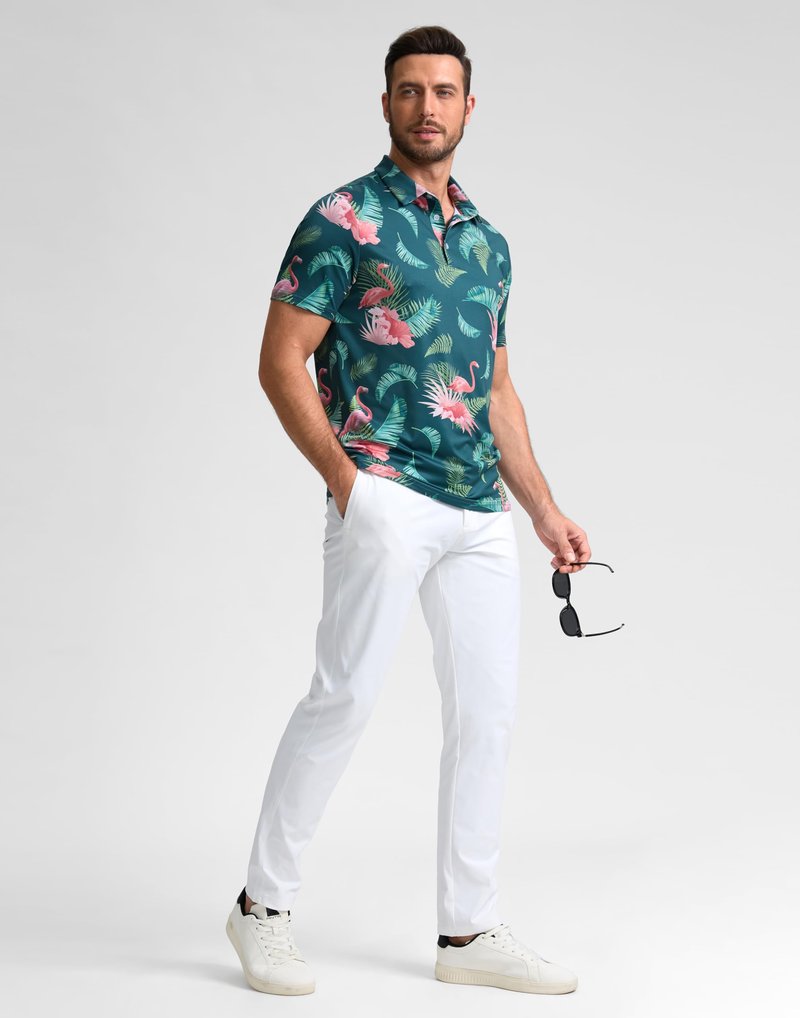 Obla Mens Golf Polo Shirts Short Sleeve Dry Fit Performance Moisture Wicking Casual Print Collared Golf Shirts for Men(Green Flamingo_XXL)
