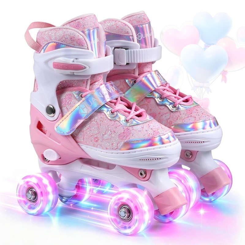 HUANOVIX 4 Sizes Adjustable Kids Roller Skates for Girls Boys Toddlers Youth Teens, 4‑Wheel Quad Skates with All Light Up Wheels, for Indoor Outdoor Sports