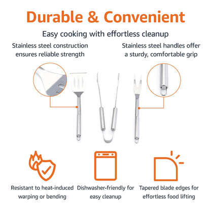 Amazon Basics 4-Piece Stainless Steel Barbeque Grilling Tool Set with Carry Bag