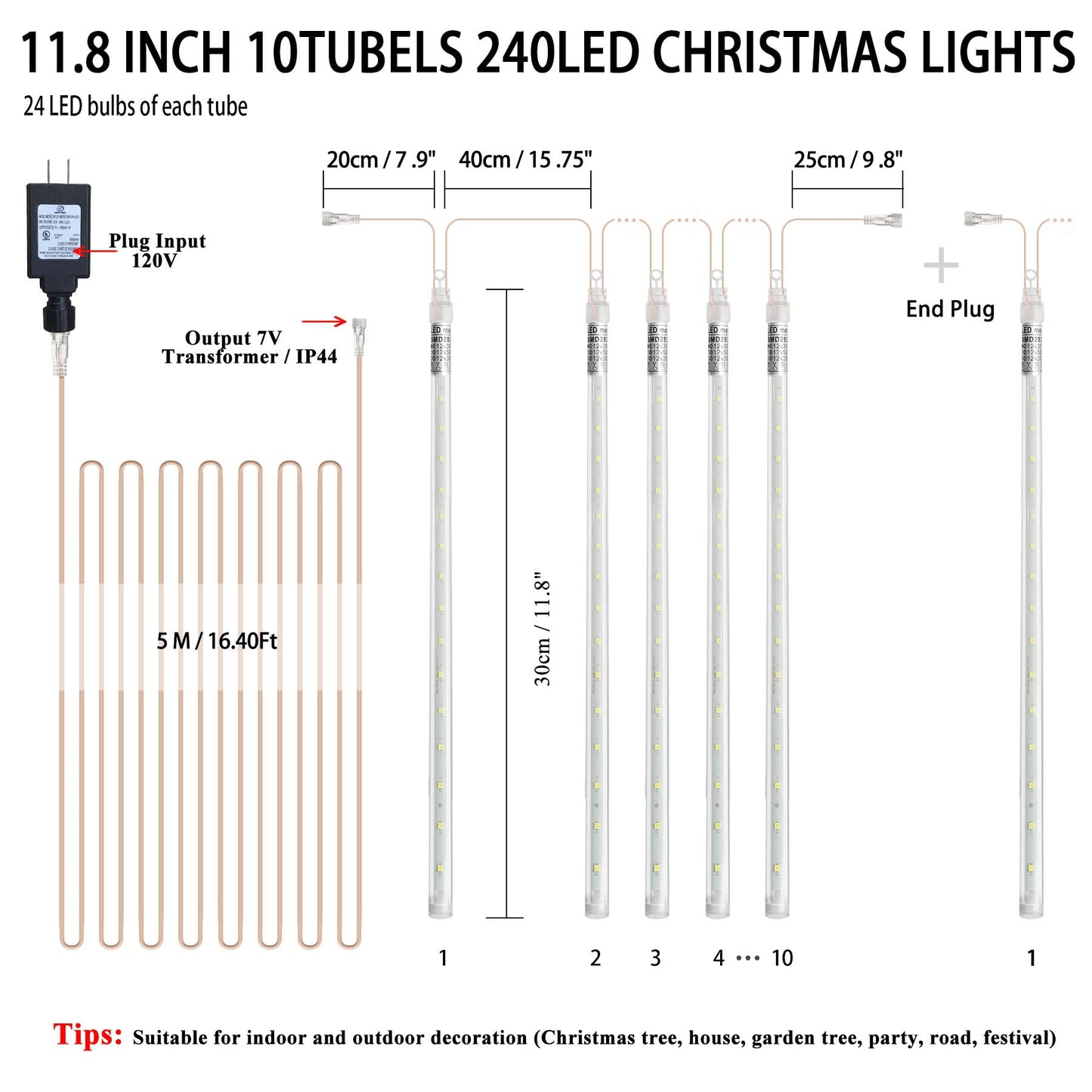 EEIEER Meteor Shower Lights Outdoor, 11.8 inches 10 Tubes 240 LED Snowfall Falling Rain Lights for Halloween Christmas Holiday Tree Home Party-White