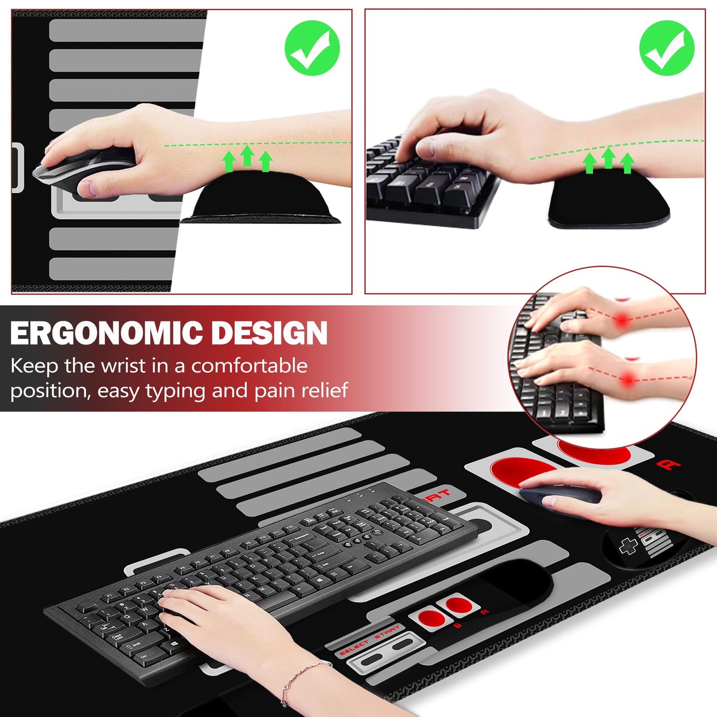 ARTSO Large Gaming Mouse Pad, Keyboard Wrist Rest Pad & Wrist Support Mousepad Set, Stitched Edge, Extended, Non-Slip Base, Memory Foam Desk Mat, Black Game Console