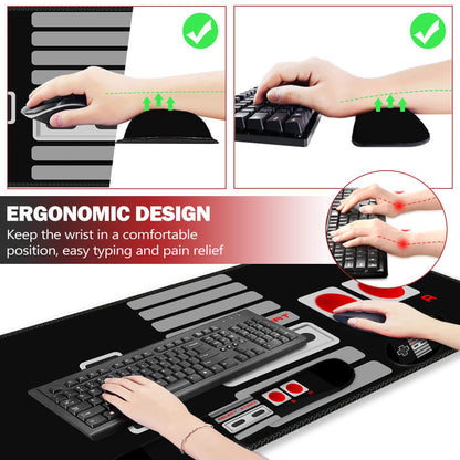 ARTSO Large Gaming Mouse Pad, Keyboard Wrist Rest Pad & Wrist Support Mousepad Set, Stitched Edge, Extended, Non-Slip Base, Memory Foam Desk Mat, Black Game Console