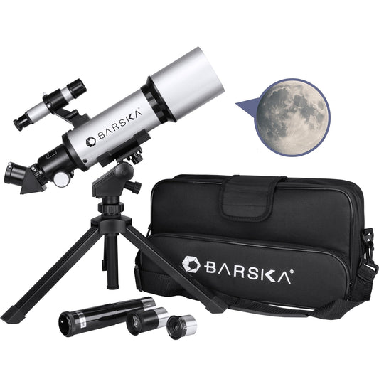 Barska Starwatcher Astronomical Refractor Telescope 300x Magnification for Beginners & Kids with Barlow Lens, 2 Interchangeable Eyepieces, Finder Scope, Table Top Tripod