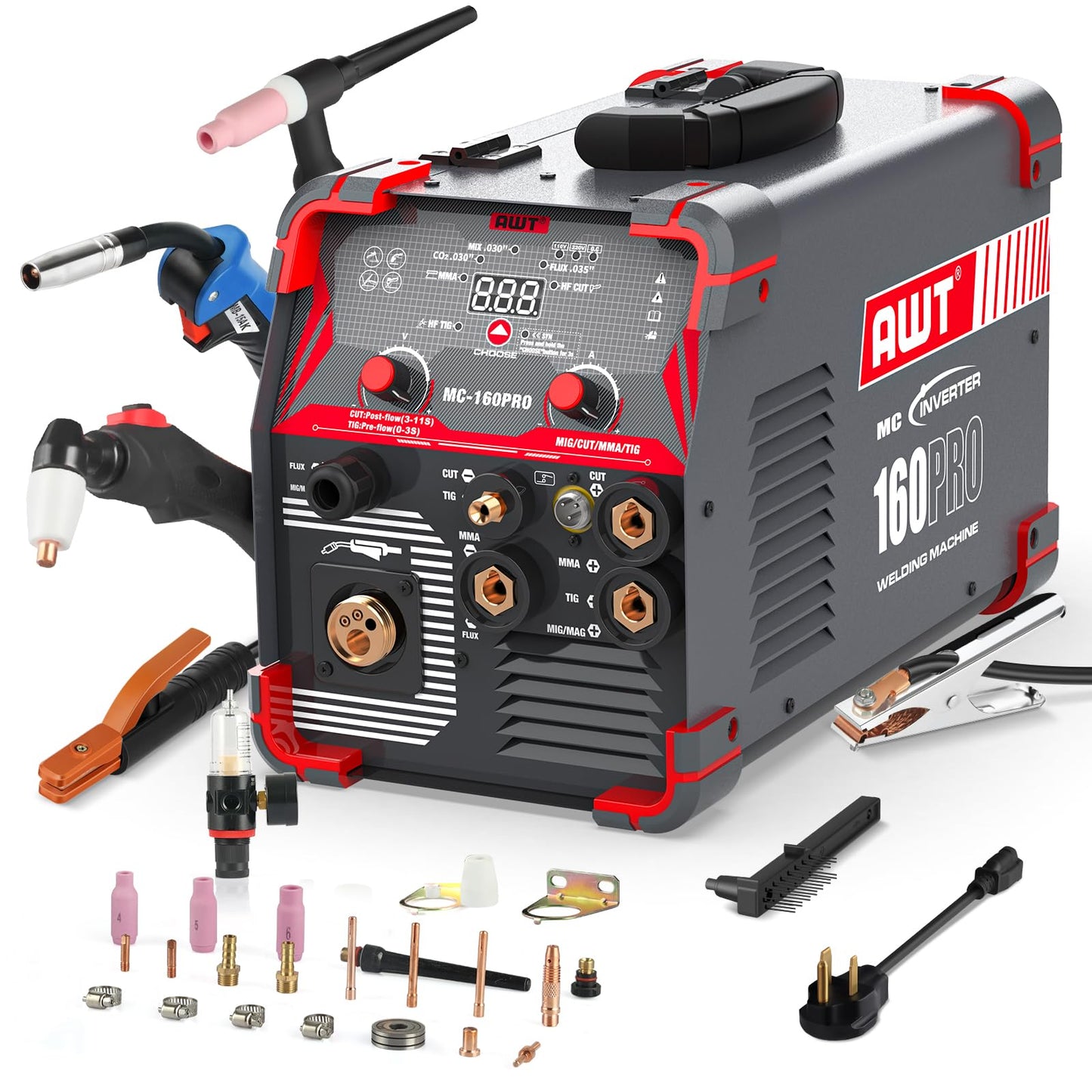 AWT MIG Welding Machine,160A 5 in 1 Plasma Cutter Welder Combo HF TIG/Gas MIG/Flux MIG/Stick Welding,110/220V Dual Voltage, Multi-Process Welder MIG88-160M