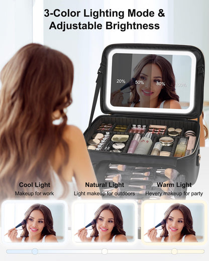 Relavel Travel Makeup Bag With LED Mirror, Cosmetic Train Case with Light up Mirror, Portable Makeup Artist Organizer Bag with Adjustable Dividers, Makeup Brush Holder Storage, Black