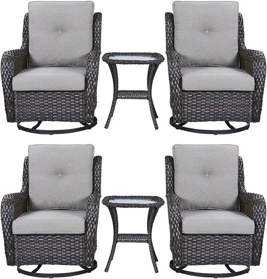 Rilyson Wicker Rocking Chair Swivel Chairs – 6 Piece Rocker Patio Furniture Set Rattan Rocking Bistro Sets with Glass Top Side Table for Outdoor Porch Deck Garden Backyard(Brown/Grey)