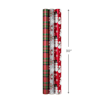 Hallmark Foil Christmas Wrapping Paper with Cut Lines on Reverse (3 Rolls: 60 sq. ft. ttl) Plaid Snowflakes, Snowmen, Red, Green and Blue Plaid