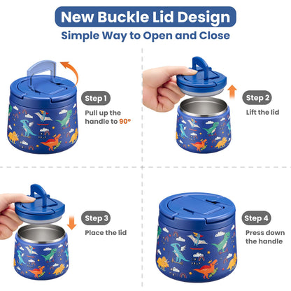 14oz Insulated Vacuum Food Jar with Buckle Lid,Soup Thermo for Hot Food Kids,Wide Mouth Leakproof Stainless Steel Lunch Container with Spoon-Dinosaur