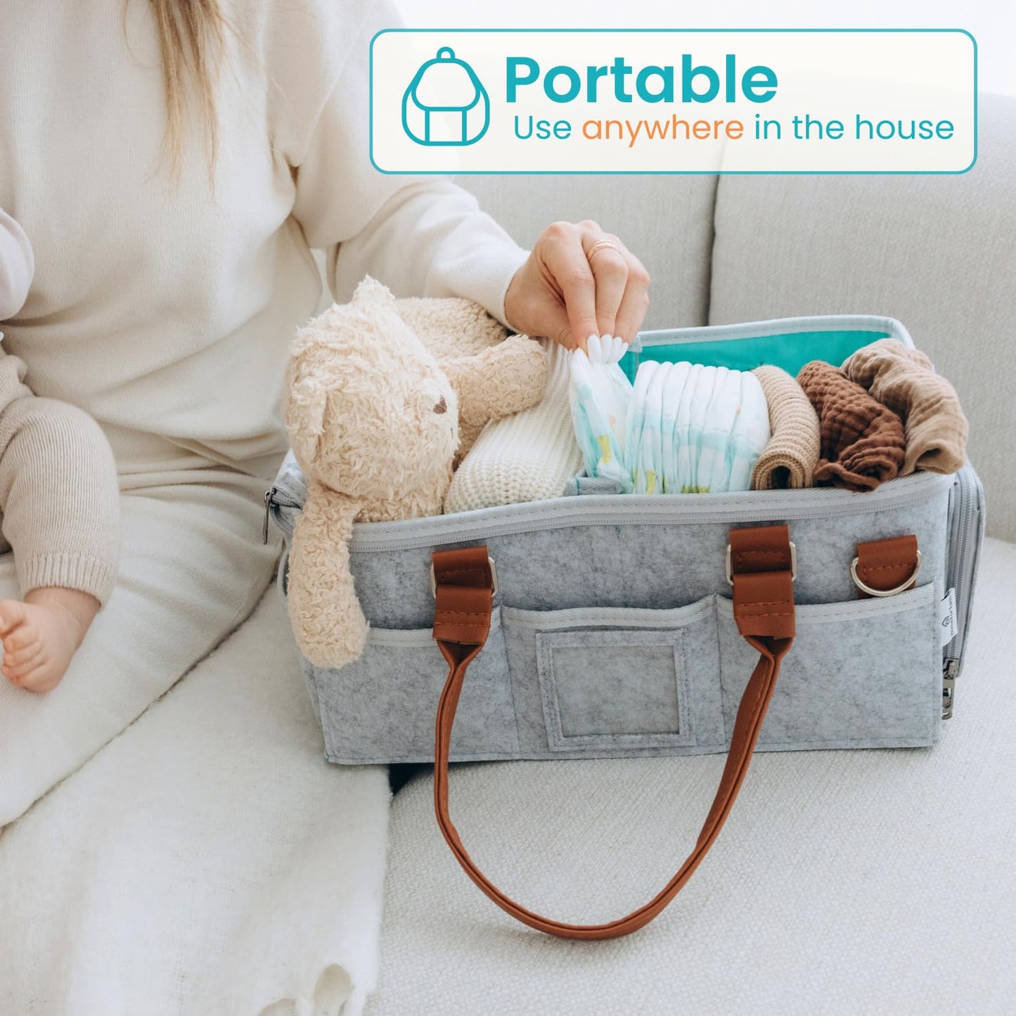 HOME FOR EACH Baby Diaper Caddy With Lid, Diaper Caddy Organizer for New Mom Gifts, Newborn Essentials Must Haves, Registry for Baby, Baby Registry Search, Baby Gift Basket Baby Must Haves Travel Bag