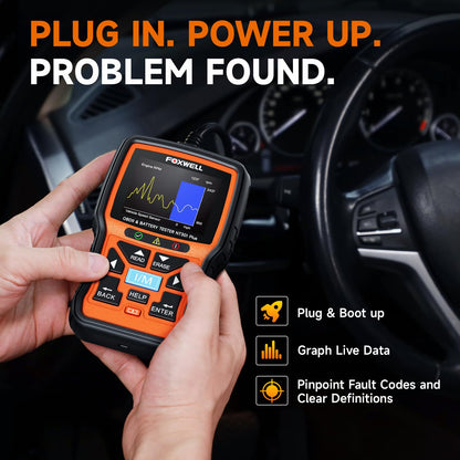 FOXWELL NT301 Plus 2-in-1 OBD2 Scanner Battery Tester, Professional Check Engine Code Reader Car Diagnostic Tool, Live Data, 12V 100-1100CCA Cranking Charging Analyzer for 1996 or Newer Vehicle