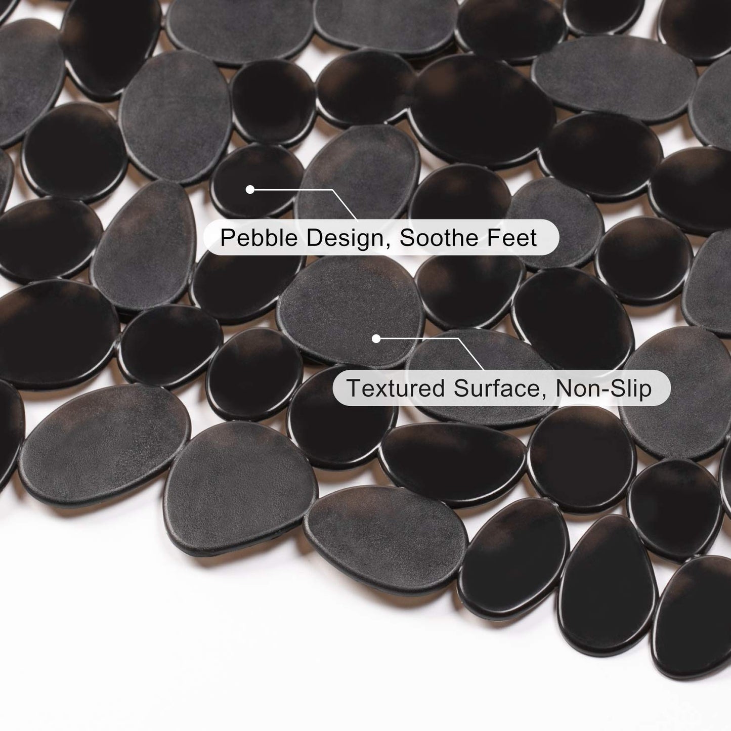 WELTRXE Non Slip Bathtub Mat 35 x 16 Inches Pebbles Shower Mats with Suction Cups, Drain Holes for Bathroom Showers, Tub, Machine Washable Bathroom Mats BPA, Latex Free Safe Tub Mats - Black