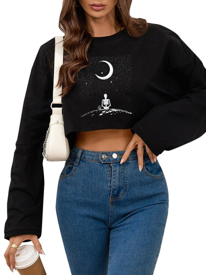 Remidoo Women's Casual Graphic Cropped Sweatshirt Long Sleeve Crop Top Crewneck Pullover Shirt Skeleton Black Large