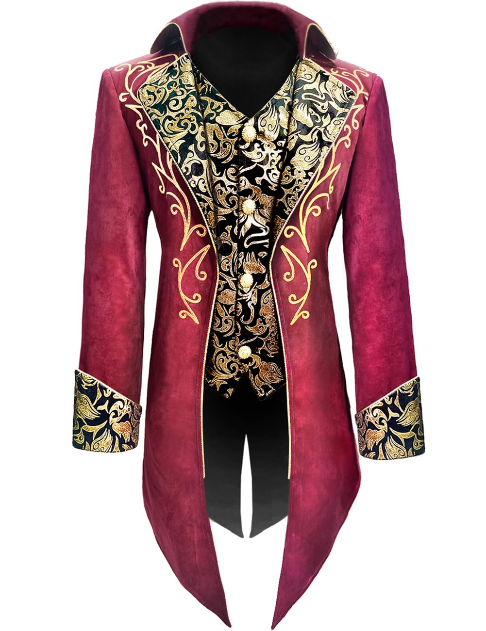 AIBEIX Mens Steampunk Medieval Jacket Gothic Victorian Frock Coat Uniform(Gold Edge-red,XX-Large)