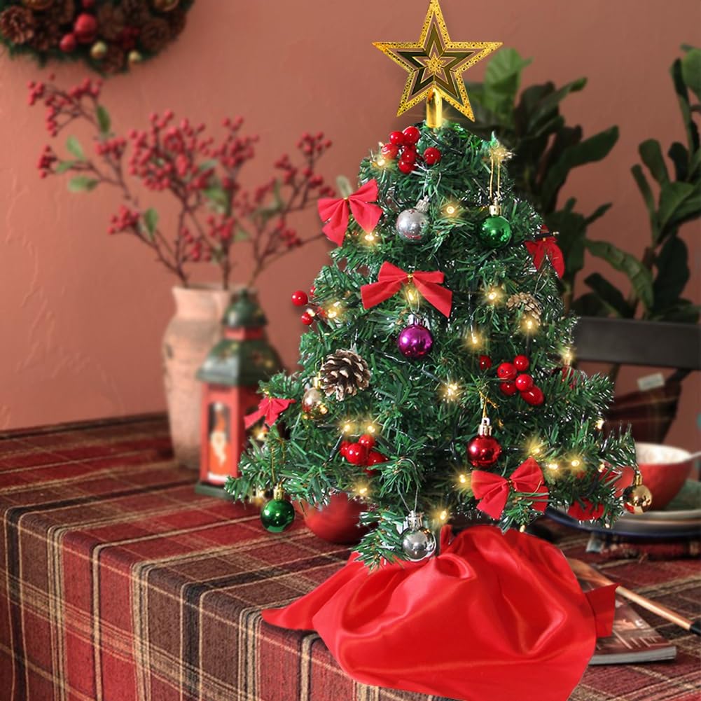 Juegoal 24 Inch Mini Christmas Tree Set, Table Top Artificial Christmas Trees with 50 LED Lights, Ornaments and Red Berries, Best DIY Christmas Decorations