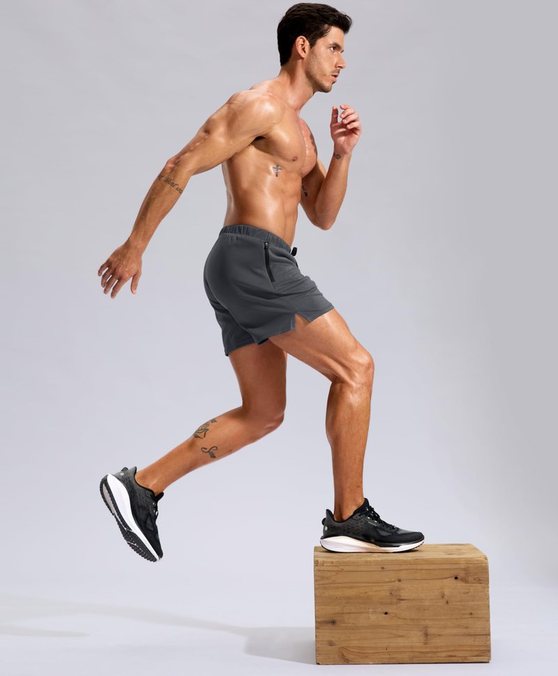 Pudolla Men's Workout Running Shorts with Zipper Pockets 5" Lightweight Quick Dry Athletic Gym Mesh Shorts no Liner(Dusty Grey Medium)