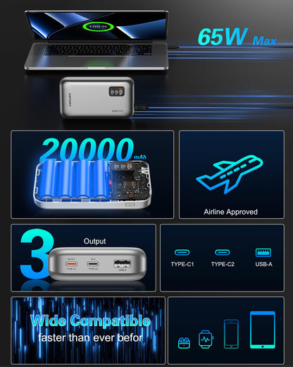 AsperX 65W Power Bank, 20,000mAh Laptop Portable Charger, PD 3.0 Fast Charging Travel Essential USB C Battery Pack for MacBook,iPhone 17/16/15/14 Series,Galaxy S24,Dell XPS, Switch,ipad,Steam Deck